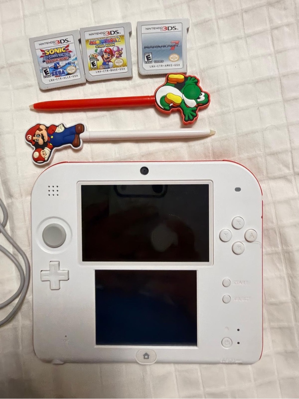 Nintendo 2DS XL White with Red Trim and Colorful Styluses